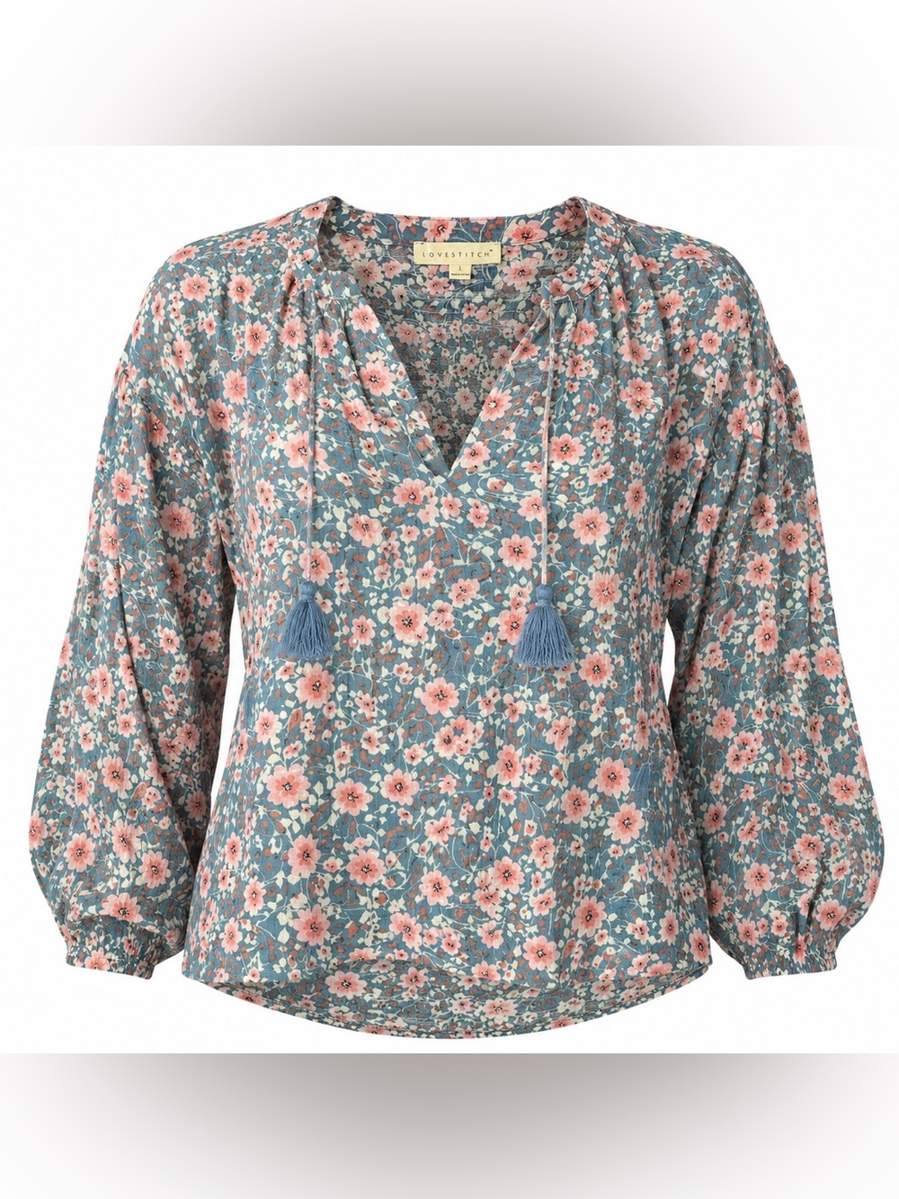 Lovestitch Floral Boho Peasant Blouse Size L Teal Pink Balloon Sleeve Tassel Top